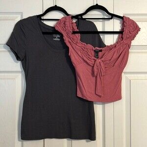 BANANA REPUBLIC FOREVER 21 Small Timeless Gray Tee Off Shoulder Pink Crop Top
